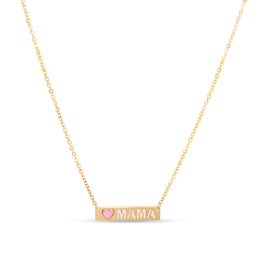 14K Yellow Gold "Mama" with Pink Enamel Heart Bar Necklace