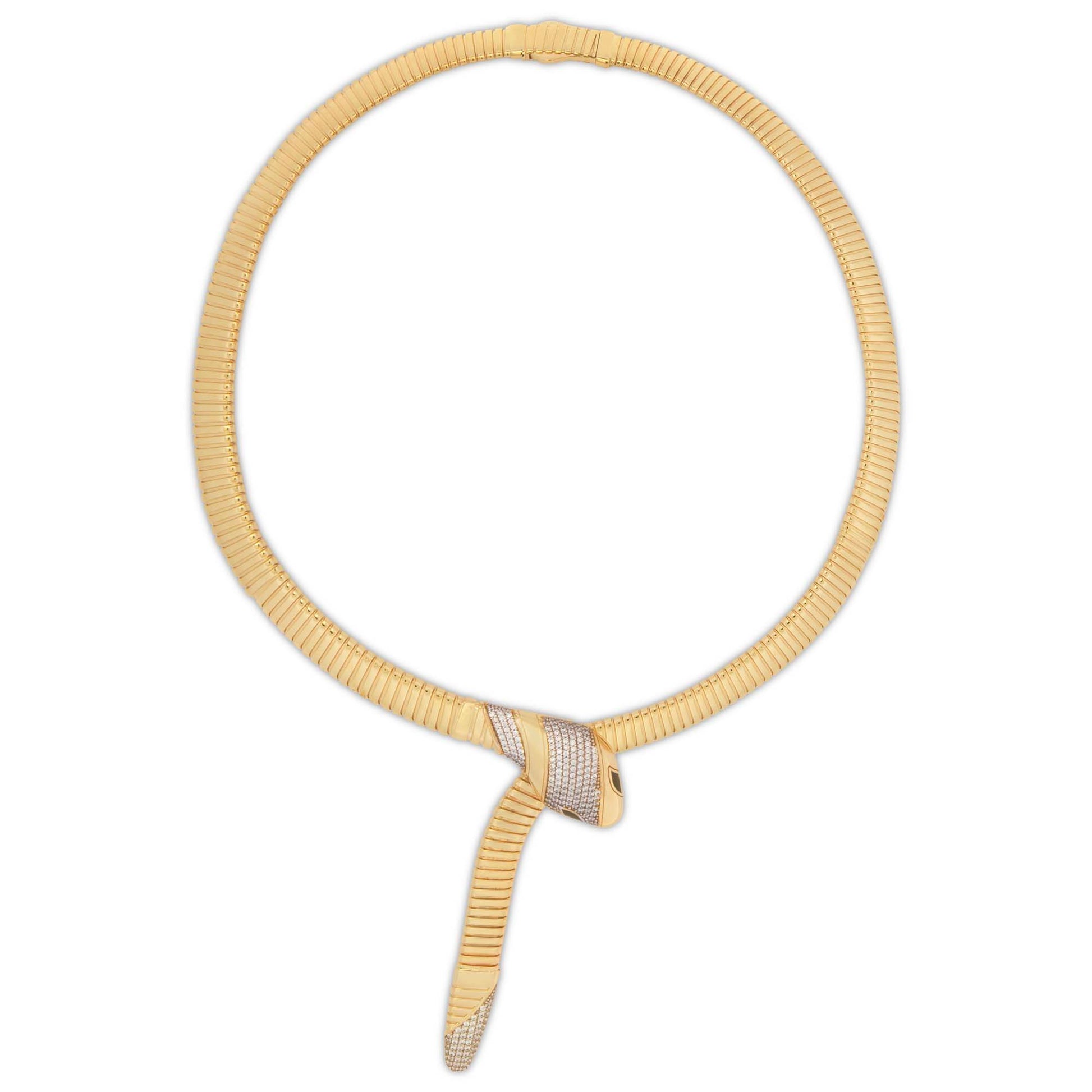 14K Two-Tones Gold Snake Head and Tail Omega with CZ Accents Necklace
