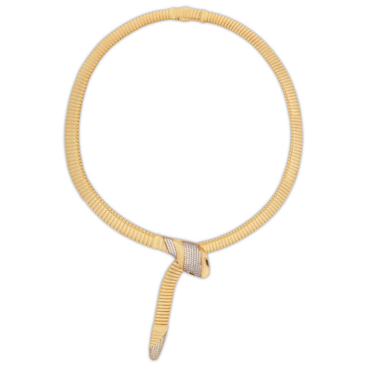 14K Two-Tones Gold Snake Head and Tail Omega with CZ Accents Necklace