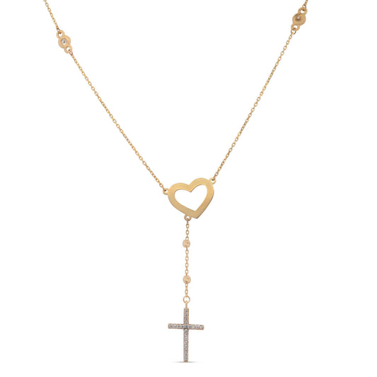 14K Yellow Gold Heart Cross Lariat CZ Necklace