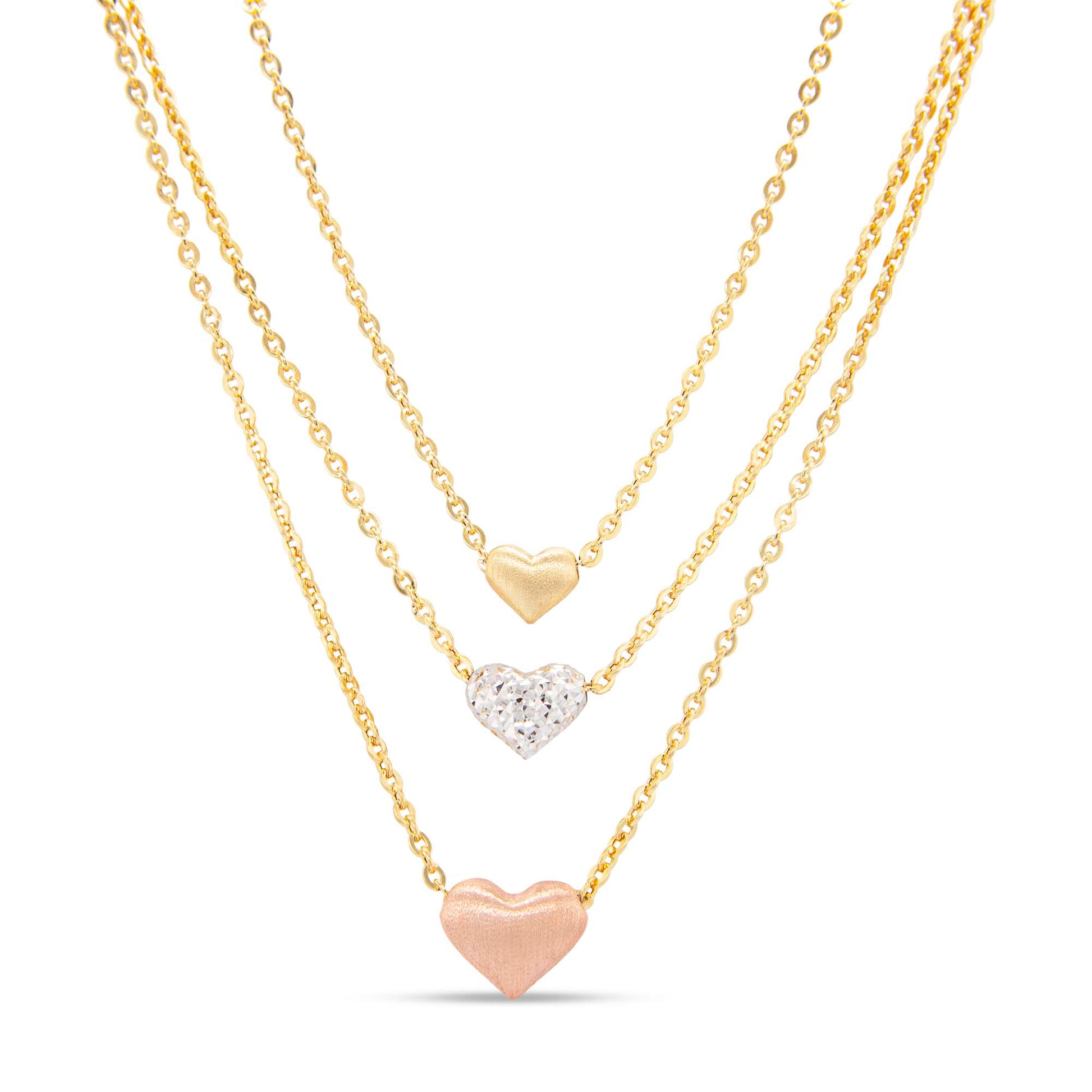14K Tri-Color Gold Layered Graduated Heart with Diamond Cut Necklace