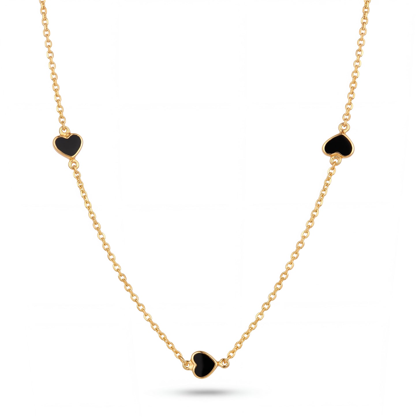 14K Yellow Gold Black Enamel Hearts Necklace