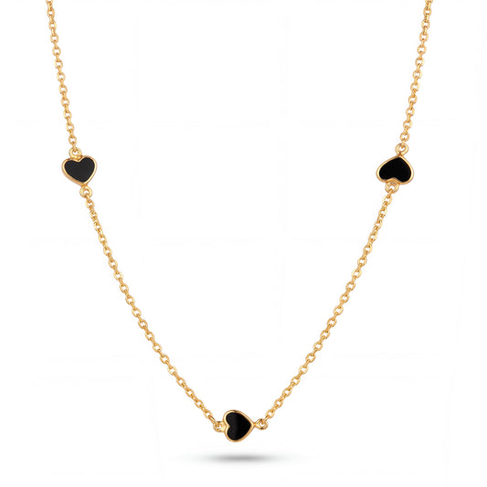 14K Yellow Gold Black Enamel Hearts Necklace
