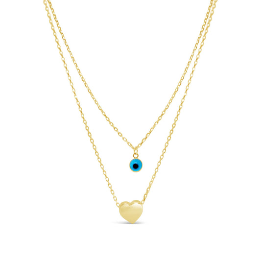 14K Yellow Gold Evil Eye and Heart Layered  Necklace