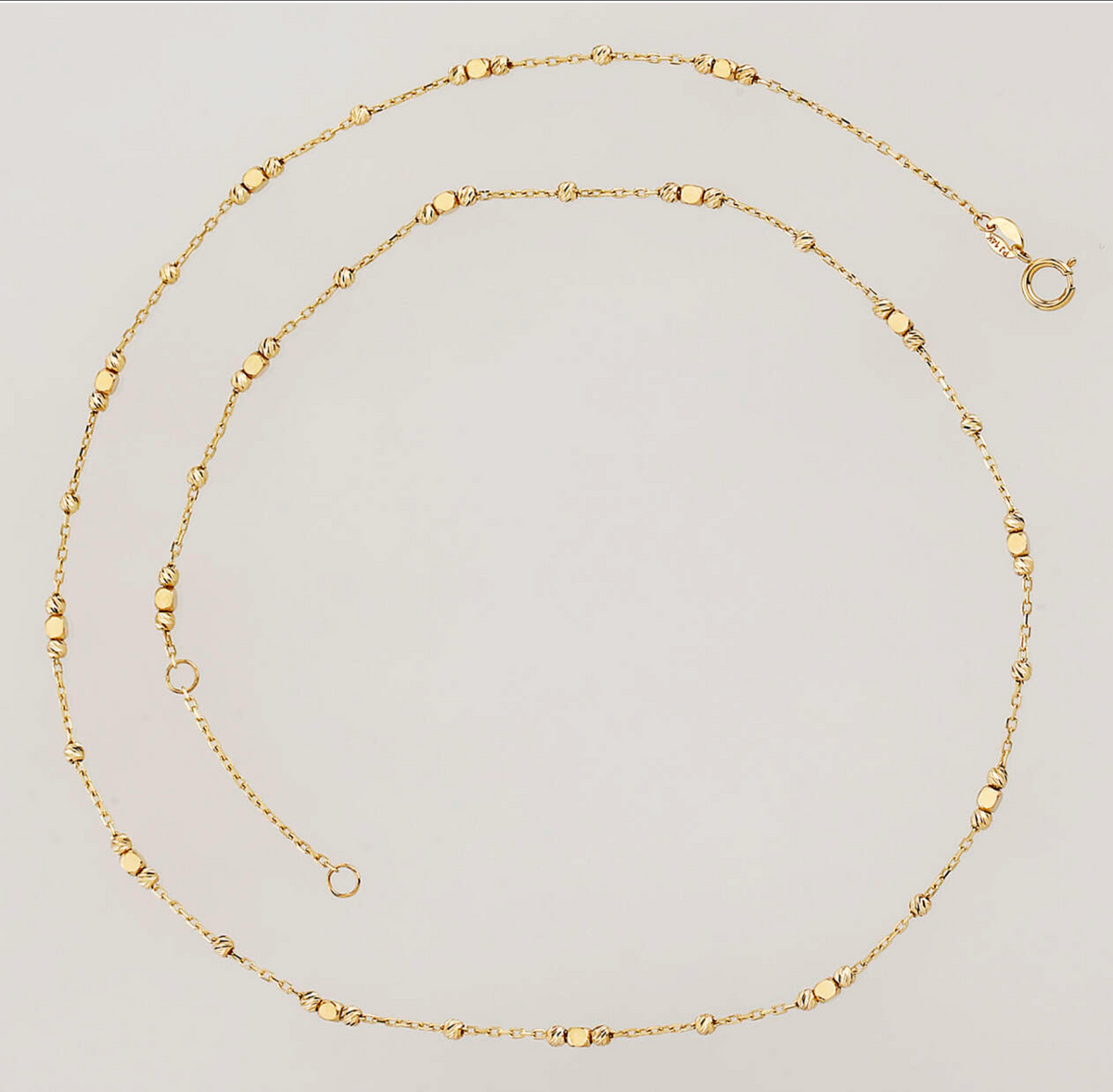 14K Yellow Gold Plain and Diamond Cut Beads Necklace