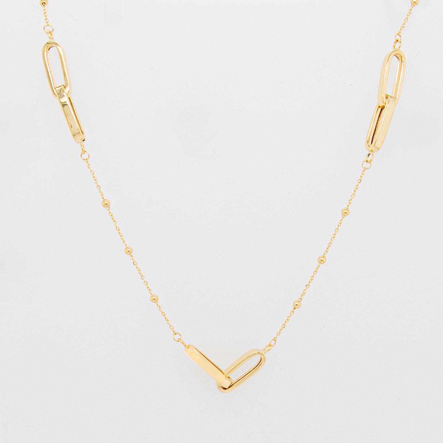 14K Yellow Gold Double Paper Clip & Beads Necklace