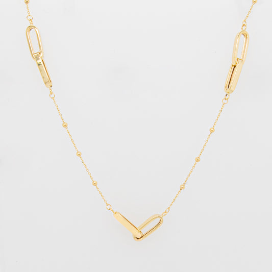 14K Yellow Gold Double Paper Clip & Beads Necklace