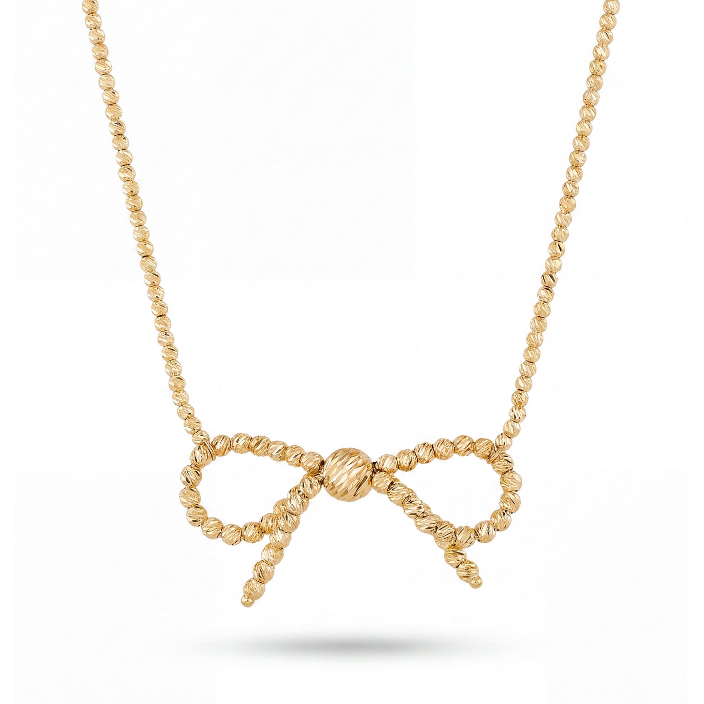 14K Yellow Gold Medium Diamond Cut Beaded Ribbon Necklace