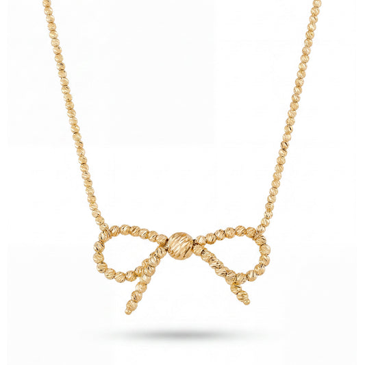 14K Yellow Gold Medium Diamond Cut Beaded Ribbon Necklace