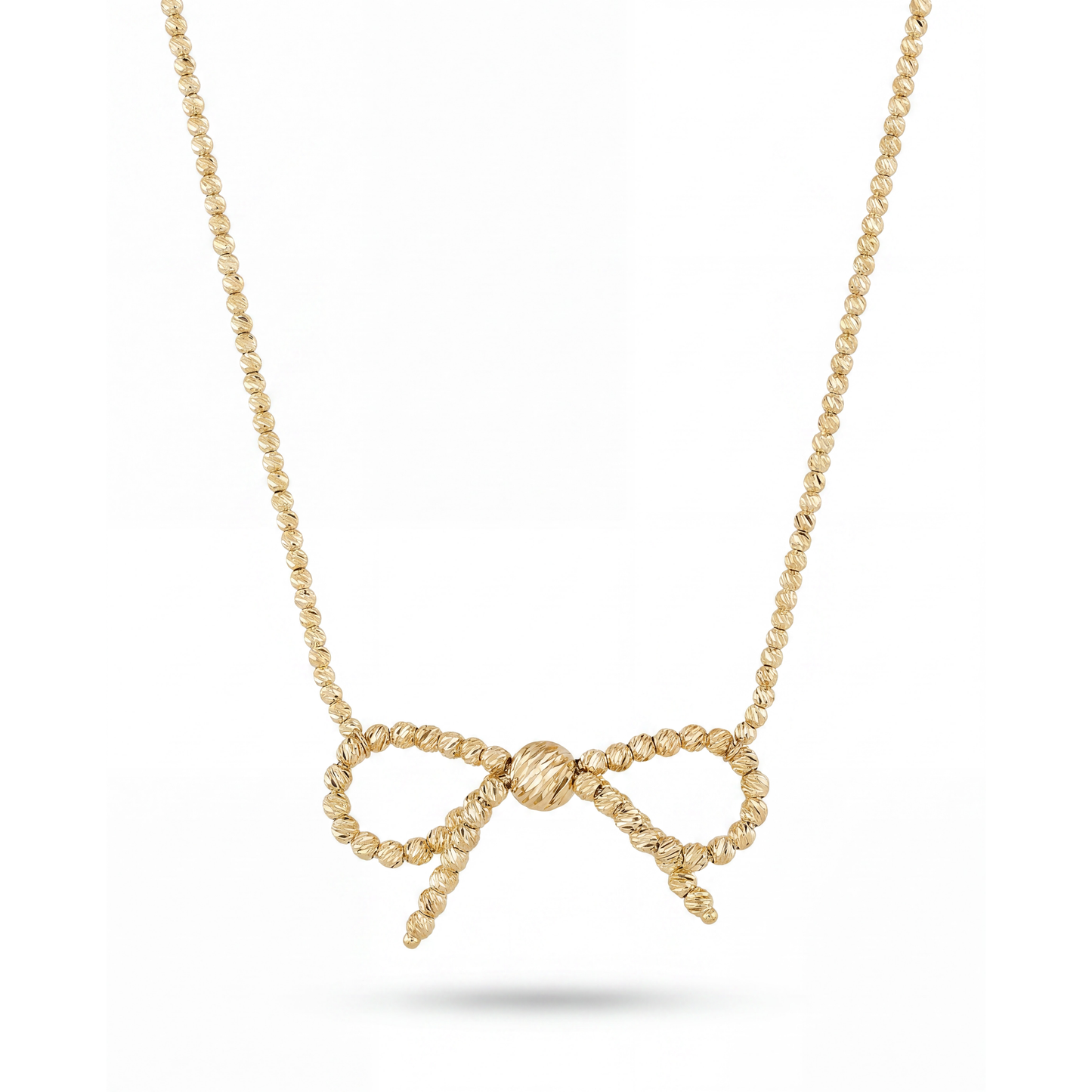 14K Yellow Gold Small Diamond Cut Beaded Ribbon Necklace