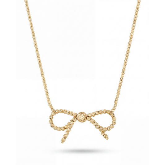 14K Yellow Gold Small Diamond Cut Beaded Ribbon Necklace