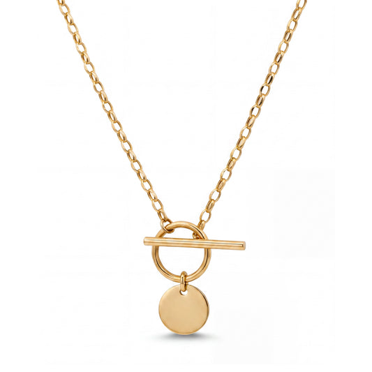 14K Yellow Gold Flat Disc Toggle Charm Necklace