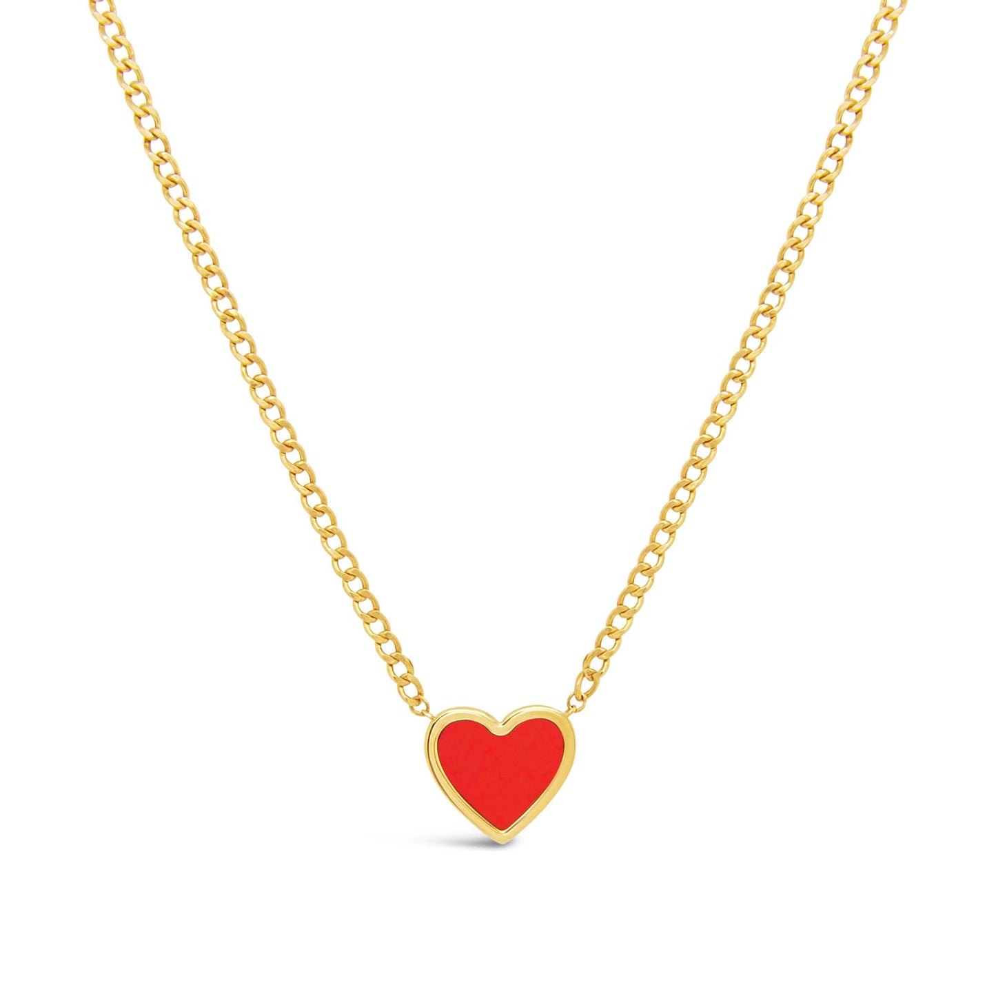 14K Yellow Gold & Coral Heart Curb Chain Necklace