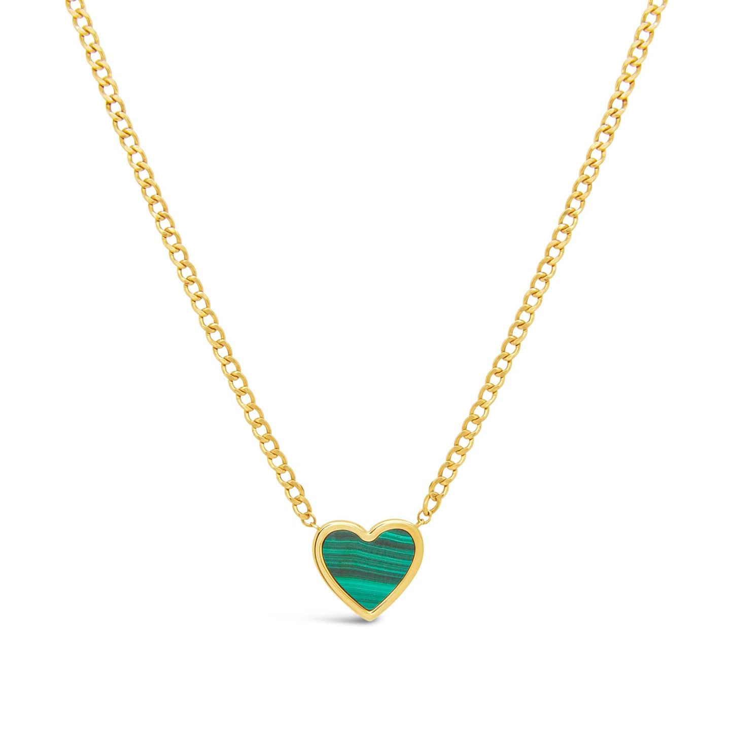 14K Yellow Gold & Malachite Heart Curb Chain Necklace