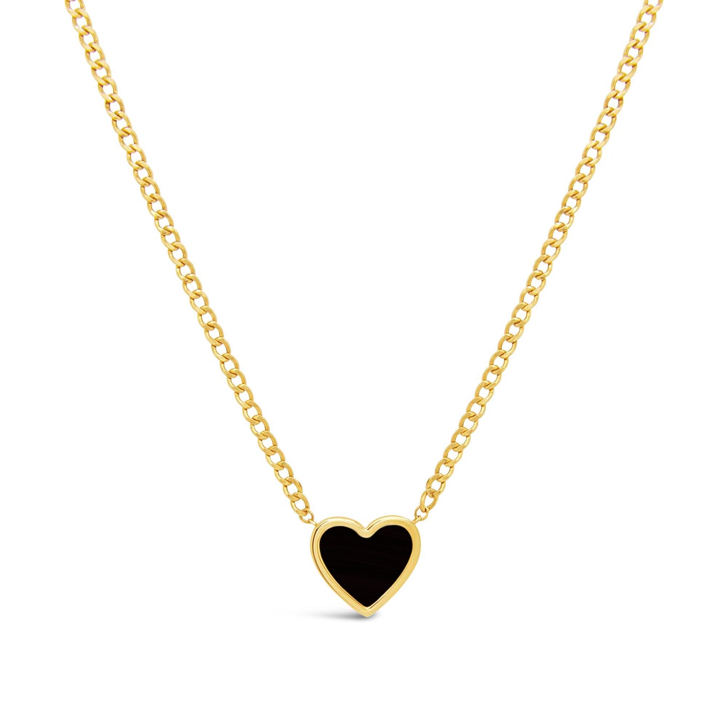 14K Yellow Gold Onyx Heart Curb Chain Necklace