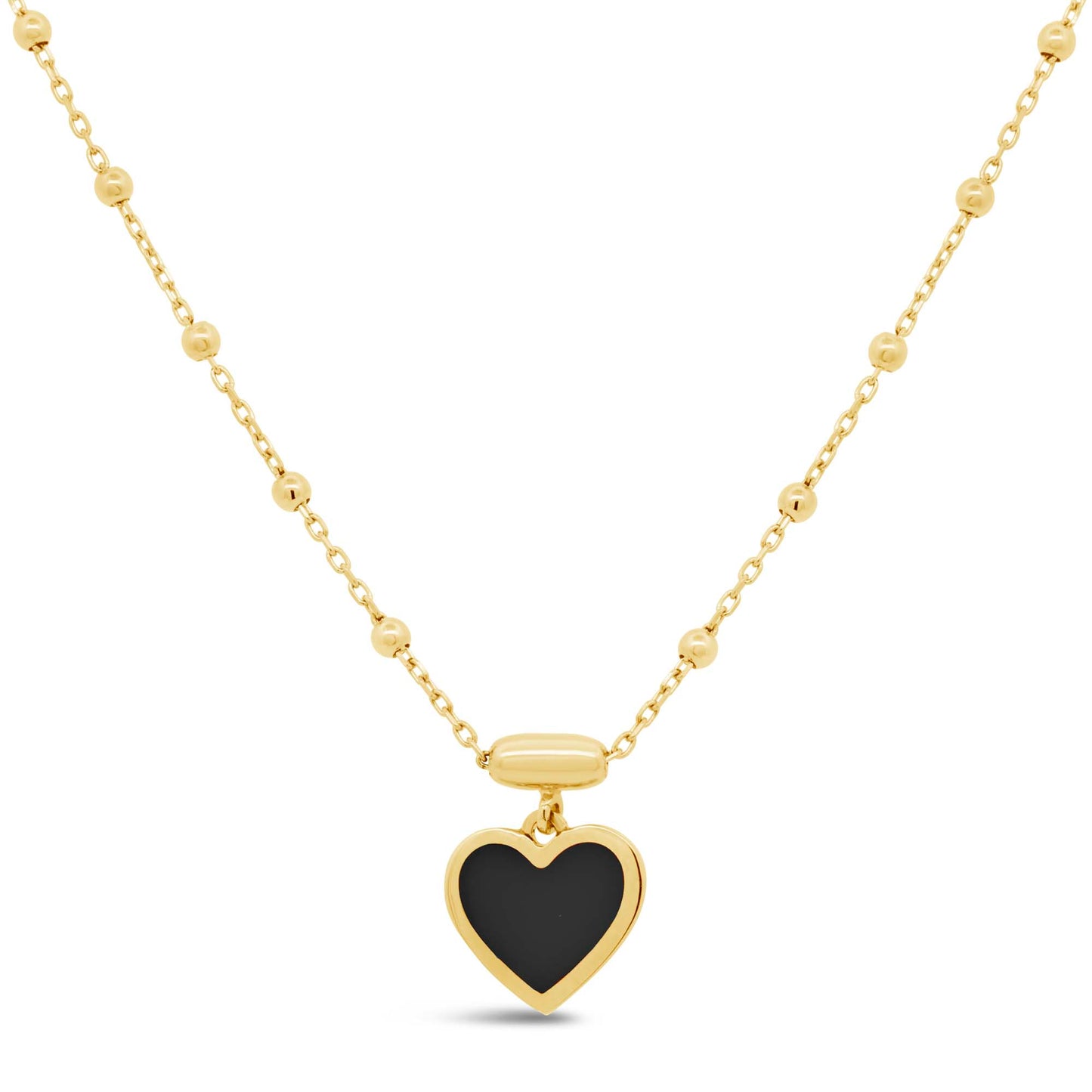 14K Yellow Gold Black Enamel Heart Pendant Necklace