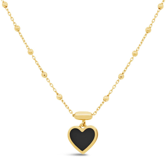 14K Yellow Gold Black Enamel Heart Pendant Necklace
