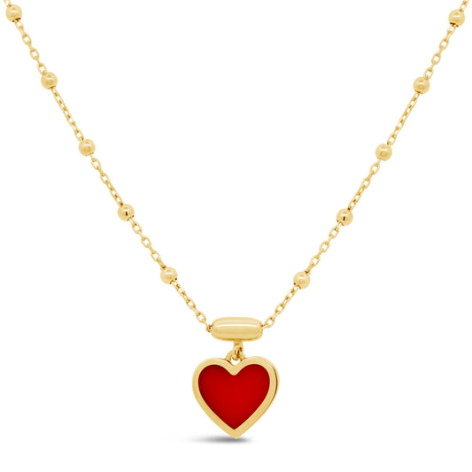 14K Yellow Gold Red Enamel Heart Pendant Necklace