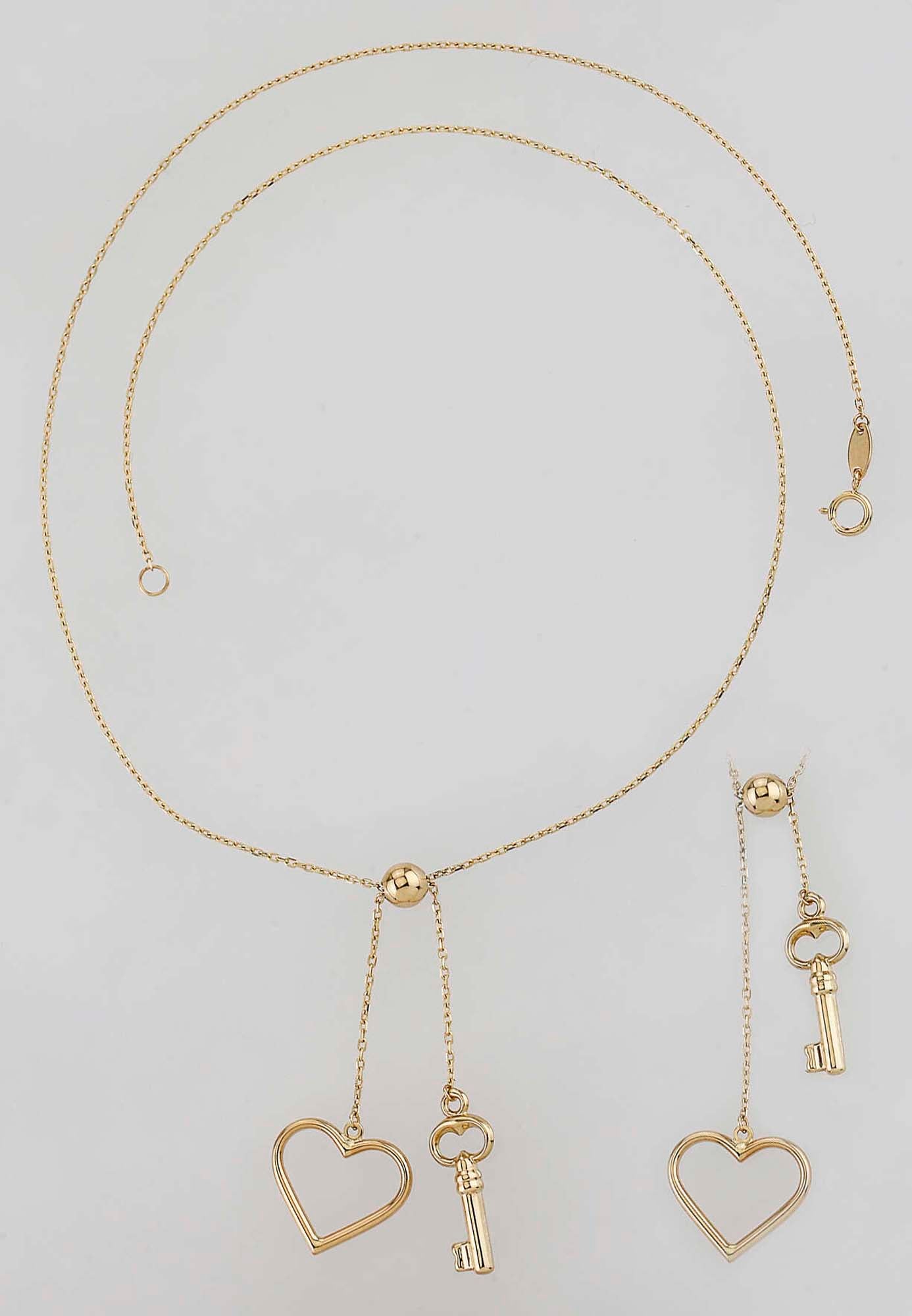 14K Yellow Gold Open Heart and Key Lariat Necklace