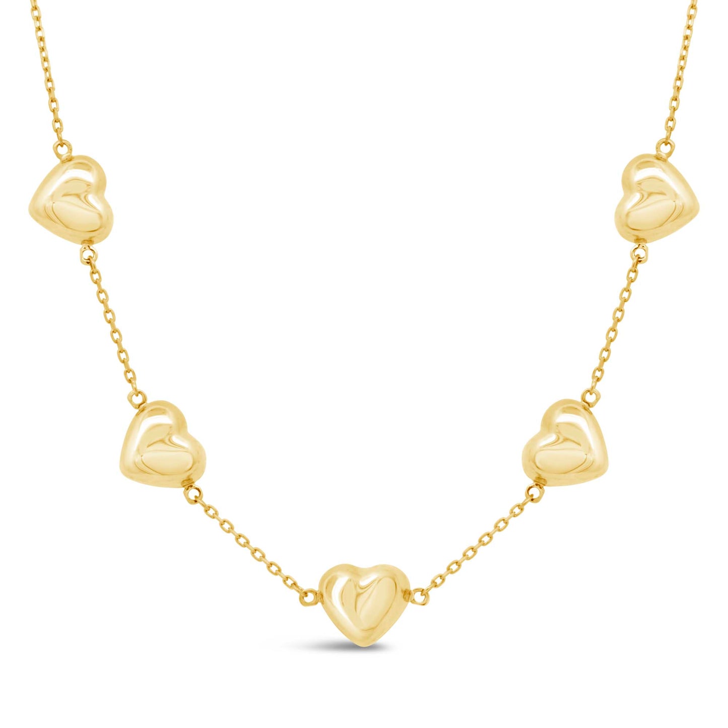 14K Yellow Gold Puffy Hearts Station Necklace