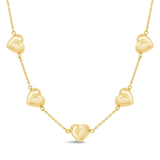 14K Yellow Gold Puffy Hearts Station Necklace