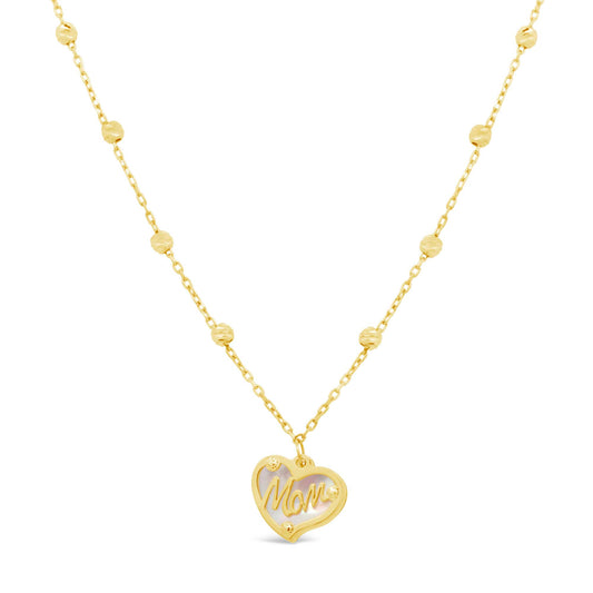 14K Yellow Gold & Mother of Pearl Heart Mom Pendant Necklace