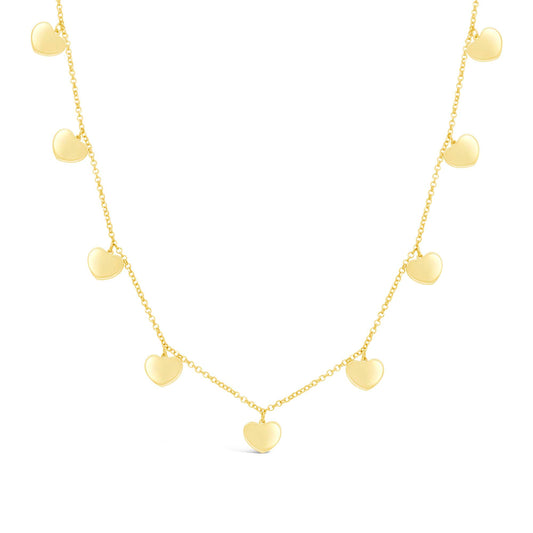 14K Yellow Gold Dangling Heart Charms Necklace