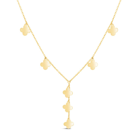 14K Yellow Gold Dangling Clover Charms Lariat Necklace