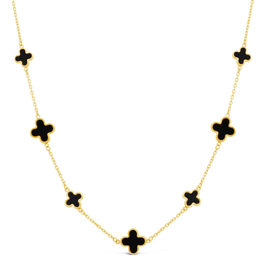 14K Yellow Gold Small & Large Black Onyx Clover Necklace