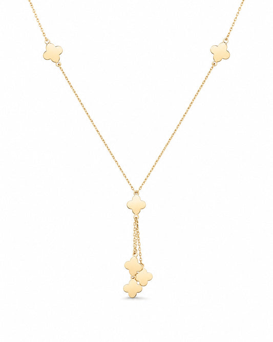 14K Yellow Gold Dangling Clovers Lariat Necklace