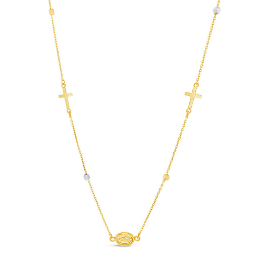 14K Yellow & White Gold Cross and Virgin Mary Medal Necklace