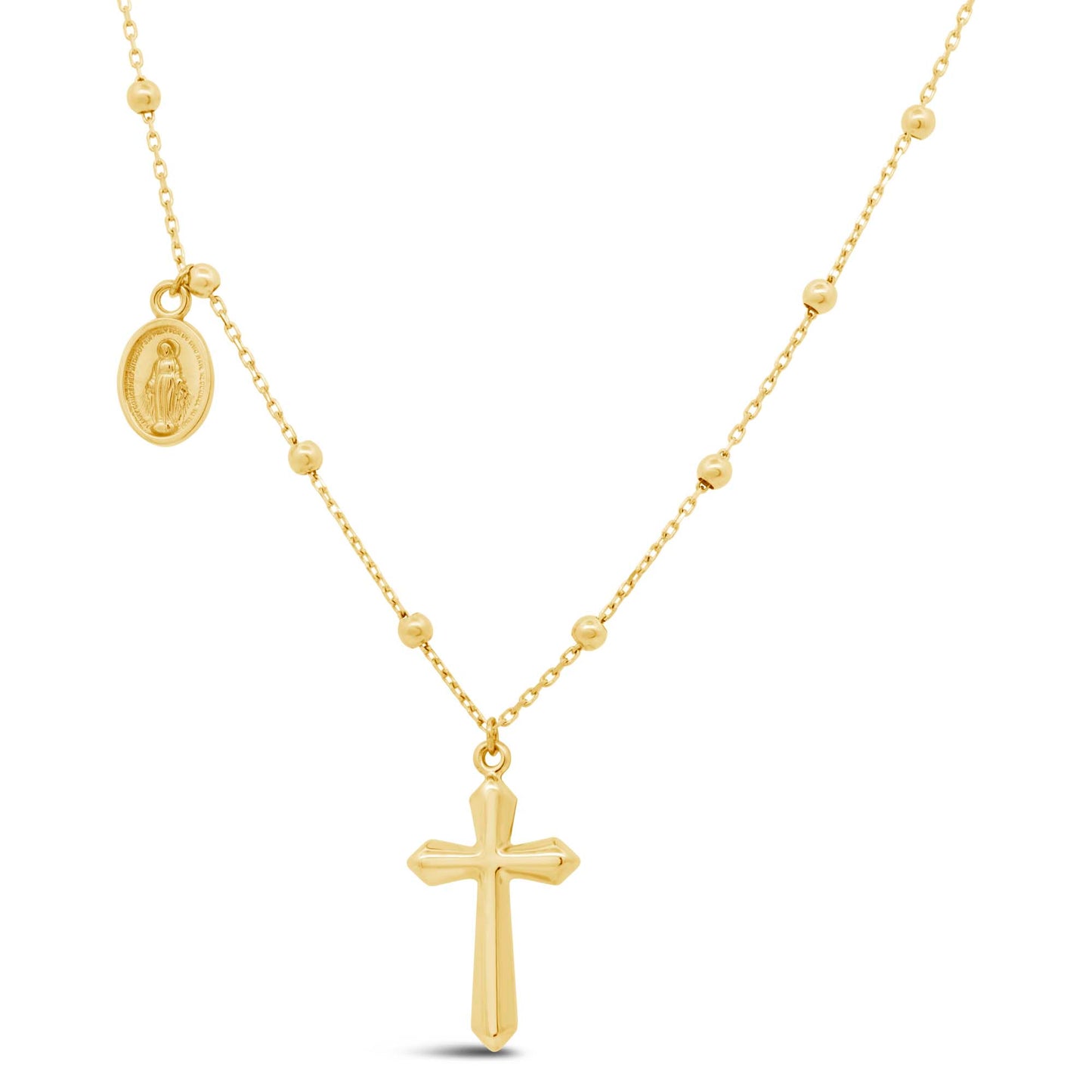 14K Yellow Gold Dangling Cross and Virgin Mary Medal Necklace