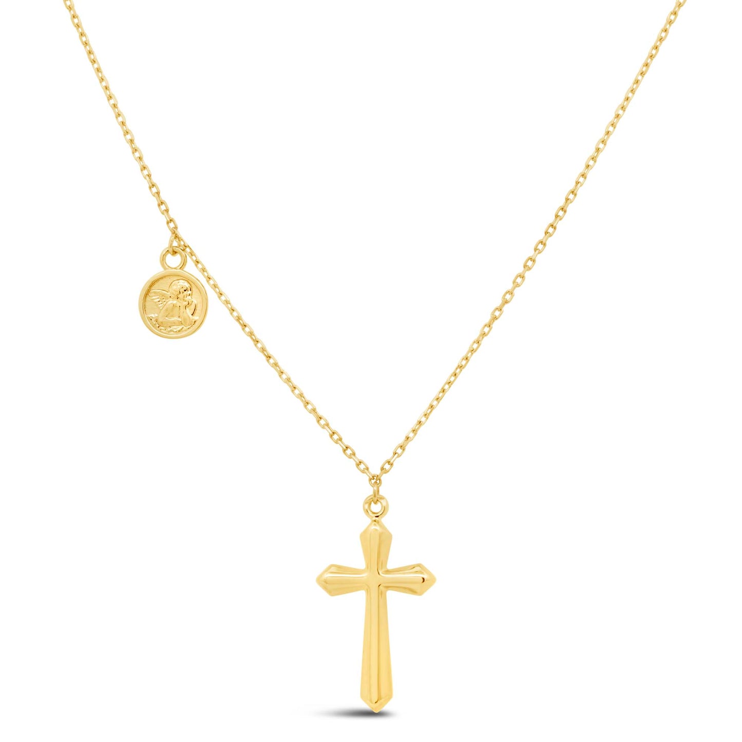 14K Yellow Gold Dangling Cross and Angel Medal Necklace