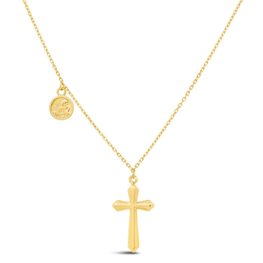 14K Yellow Gold Dangling Cross and Angel Medal Necklace