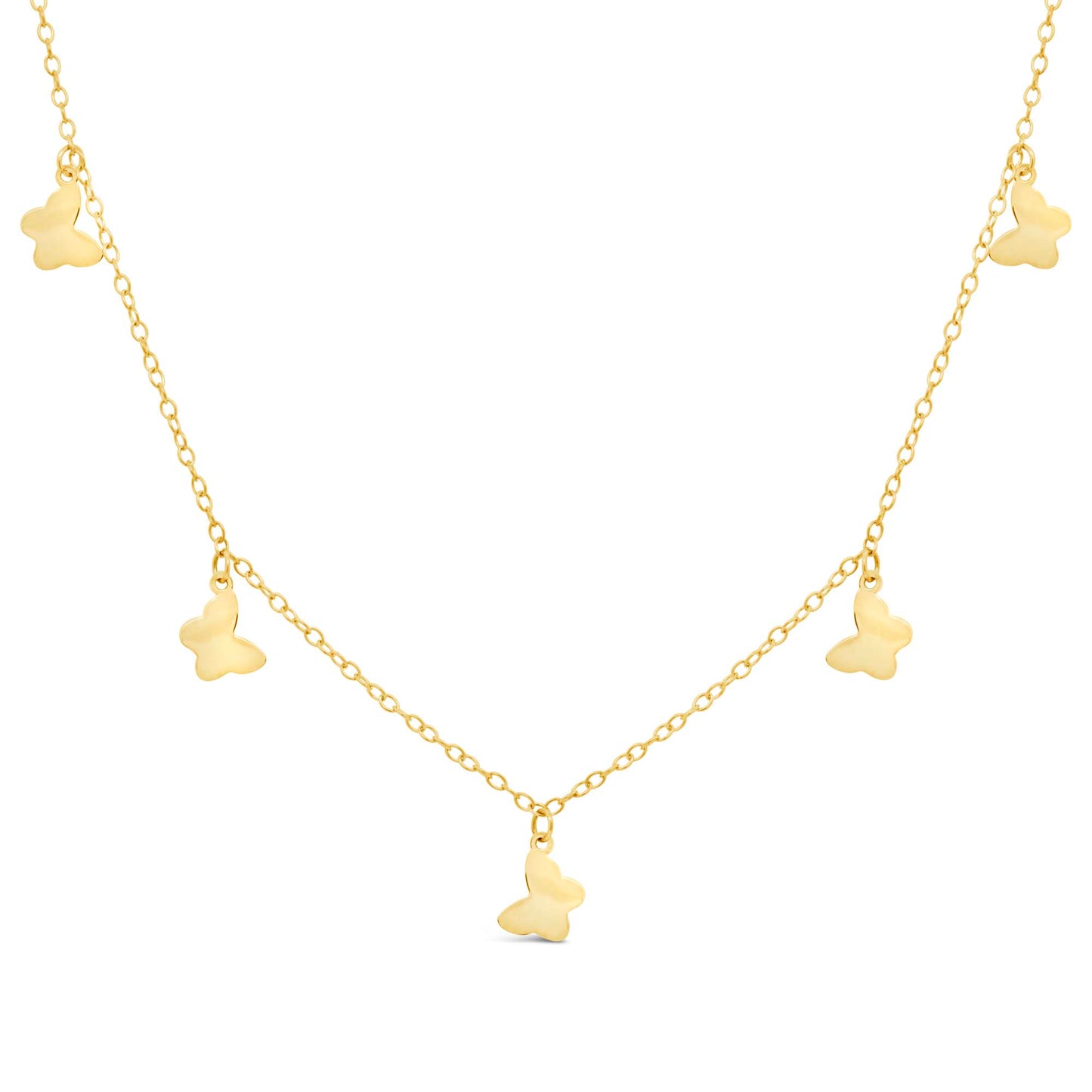 14K Yellow Gold Dangling Butterfly Charms Necklace