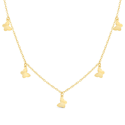 14K Yellow Gold Dangling Butterfly Charms Necklace