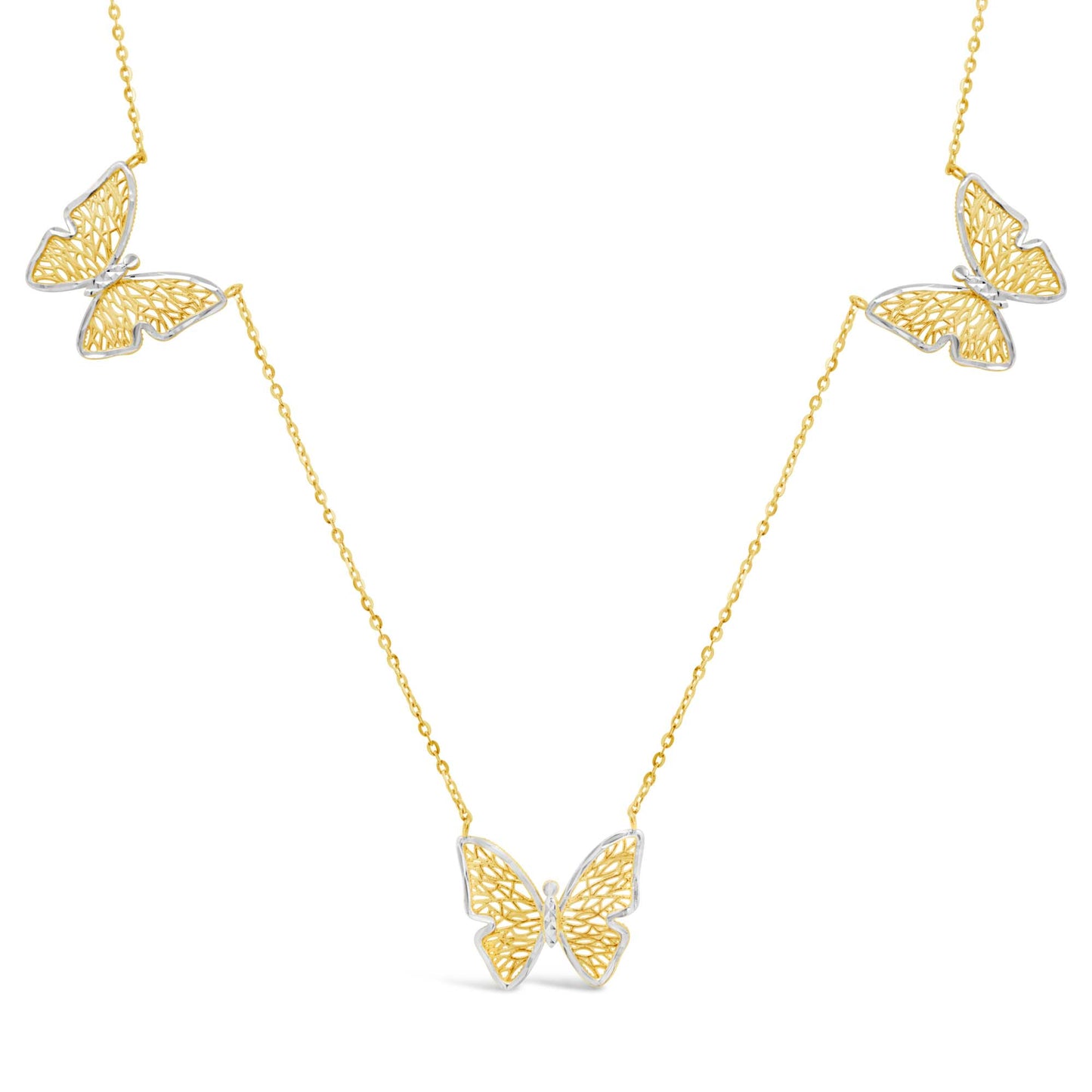 14K Yellow & White Gold Three Filigree Butterflies Necklace