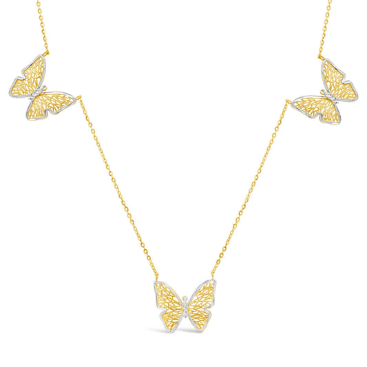 14K Yellow & White Gold Three Filigree Butterflies Necklace