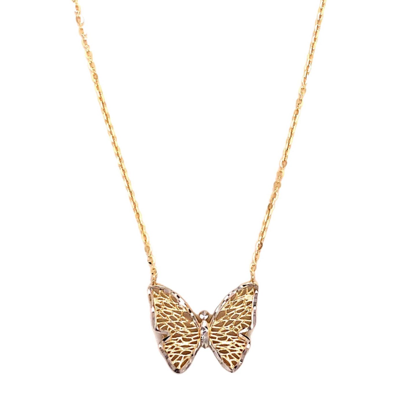 14K Yellow & White Gold Filigree Butterfly Necklace