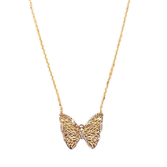 14K Yellow & White Gold Filigree Butterfly Necklace