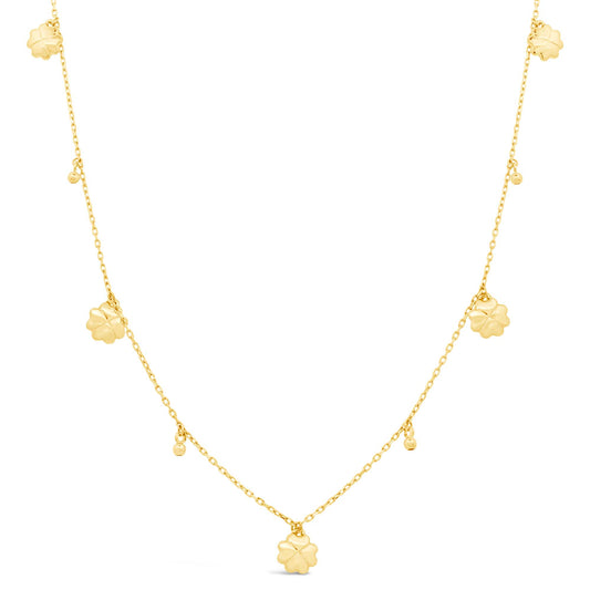 14K Yellow Gold Necklace Dangling Clover and Bead Charms Necklace