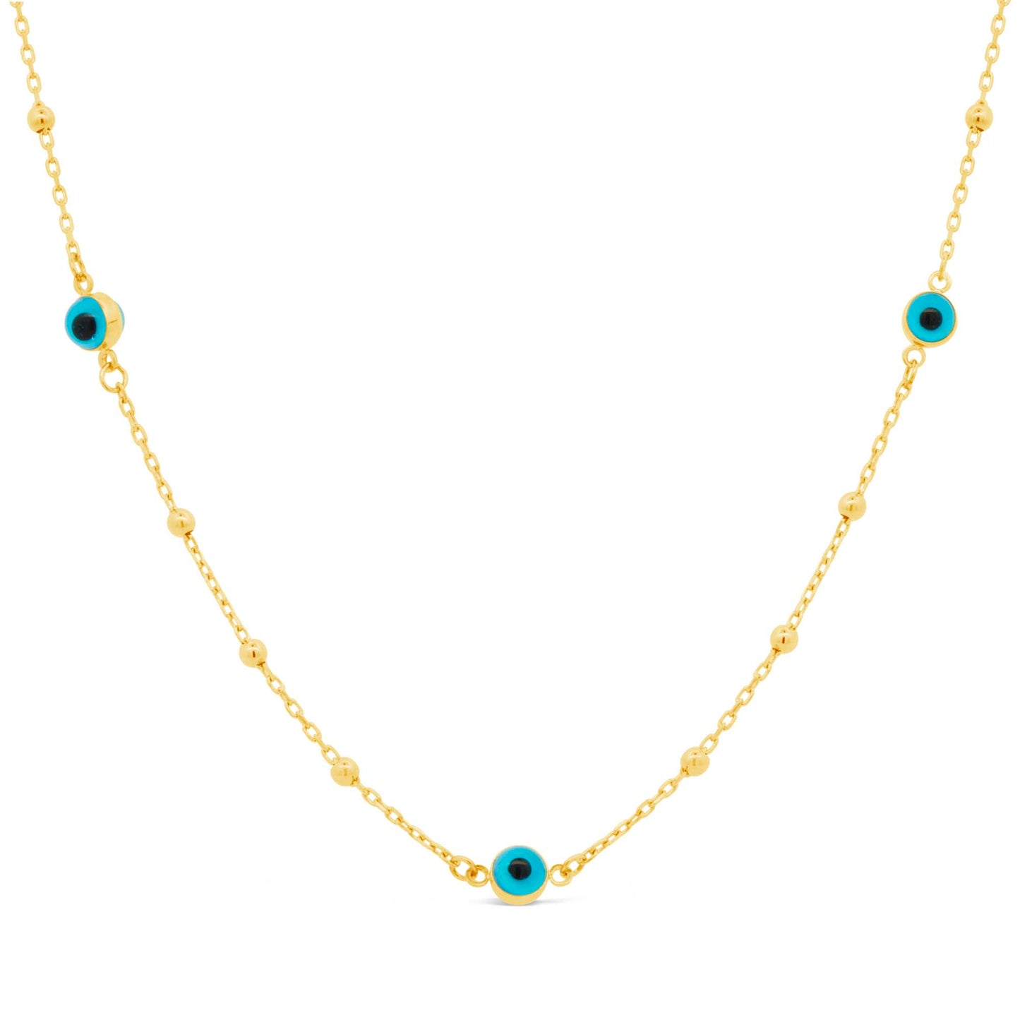 14K Yellow Gold Evil Eye and Bead Station Necklace