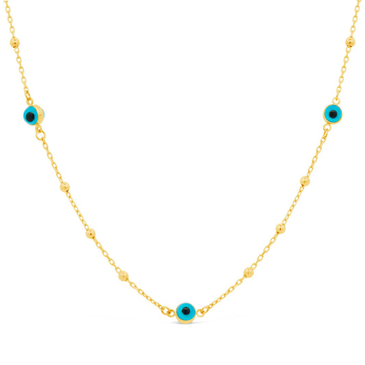 14K Yellow Gold Evil Eye and Bead Station Necklace