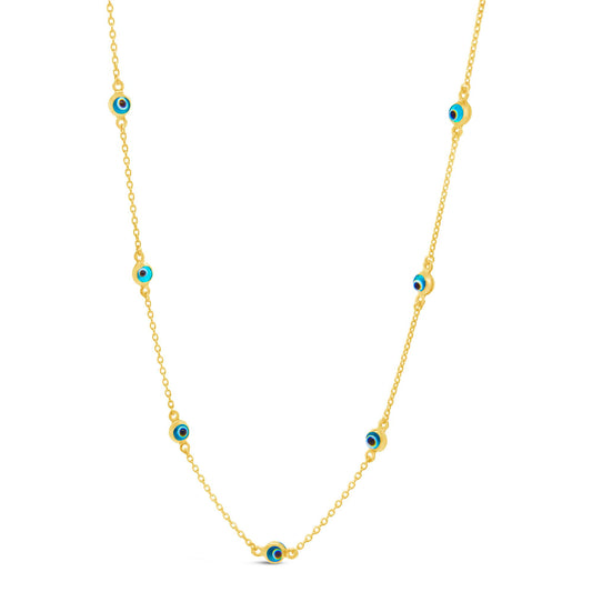 14K Yellow Gold Evil Eye Station Necklace