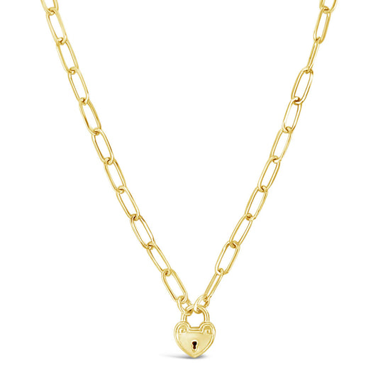 14K Yellow Gold Heart Padlock Paper Clip Link Necklace