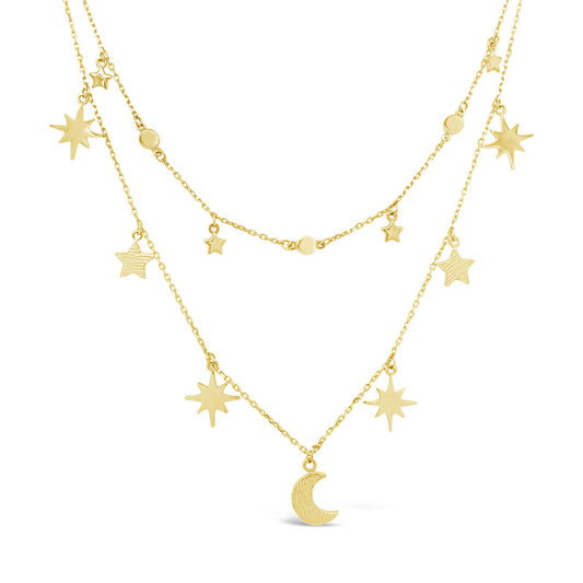 14K Yellow Gold Dangly Star and Moon Charms Layered Necklace