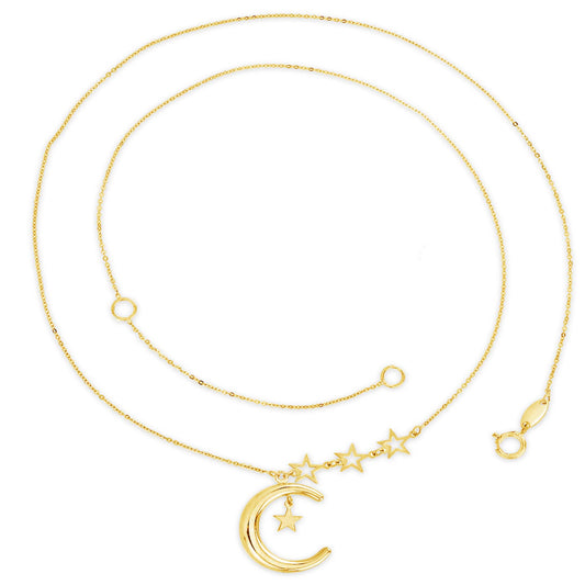 14K Yellow Gold Crescent Moon and Stars Pendant Necklace
