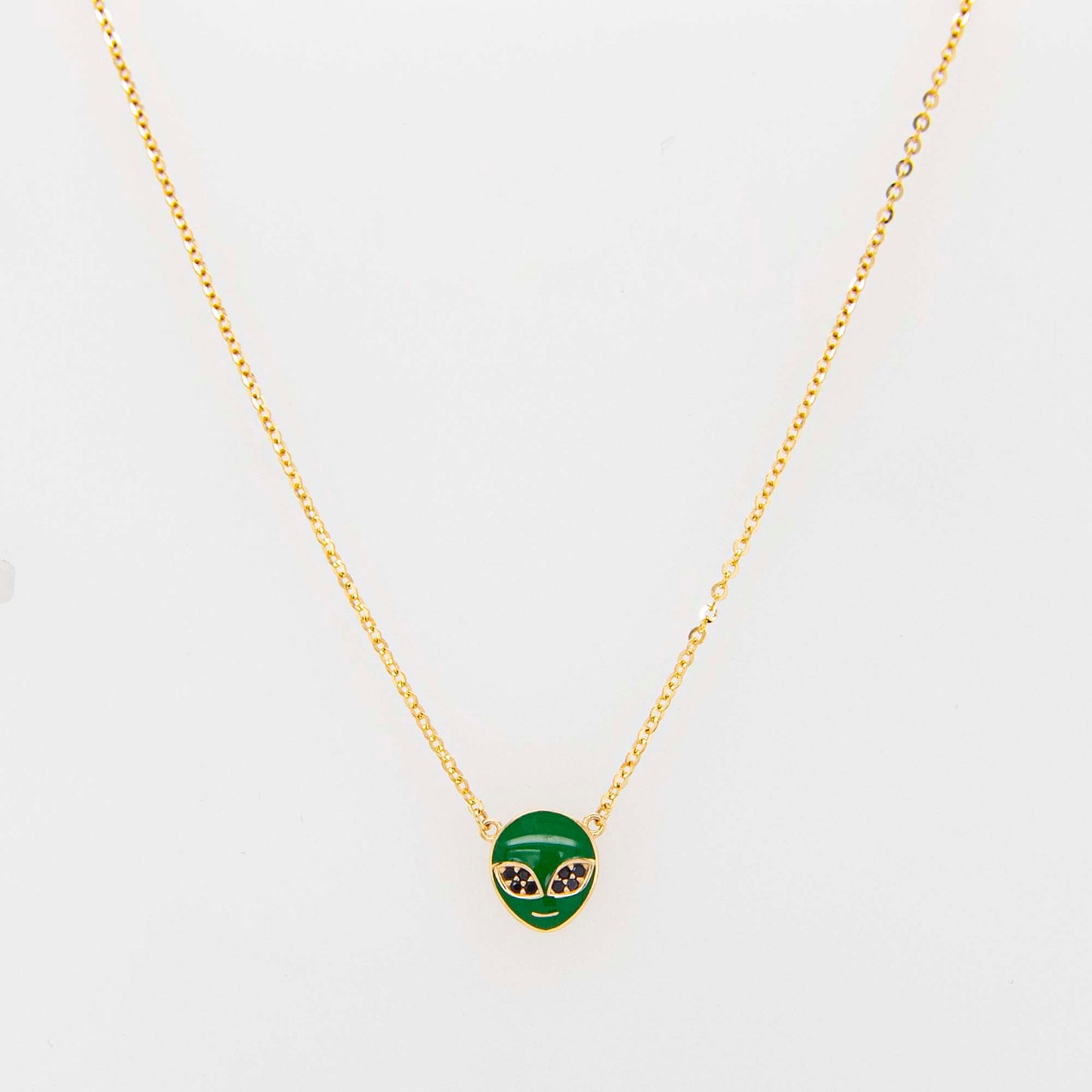 14K Yellow Gold Green Enamel and CZ Alien Necklace