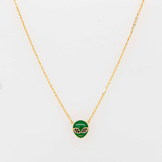 14K Yellow Gold Green Enamel and CZ Alien Necklace