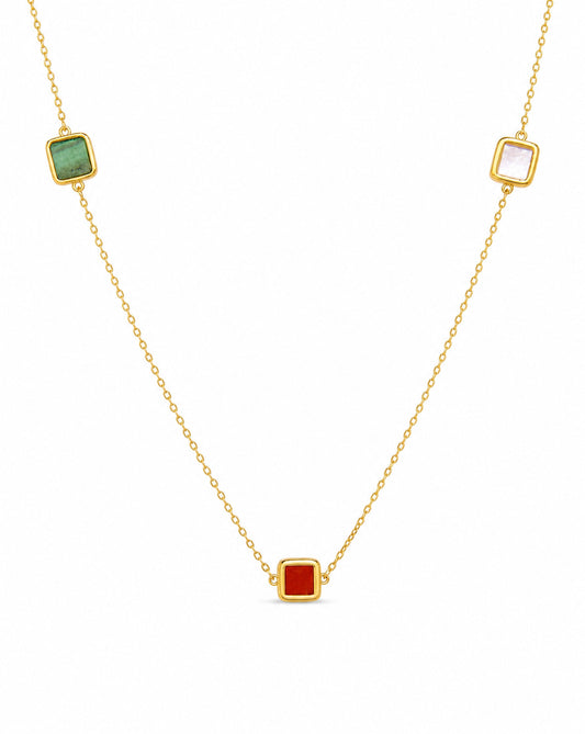 14K Yellow Gold Square Malachite, Coral, and Mother of Pearl Station Necklace